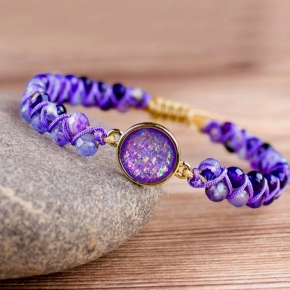 Purple Agate Woven Bracelet Women's Positive Energy Gemstones NWOT - Picture 1 of 7